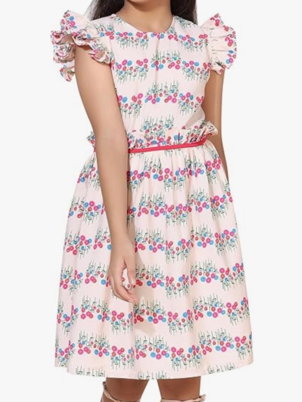 Girls dress Cream Floral poppy Print Ruffle Dress capped sleeve 7/8 yr old NEW